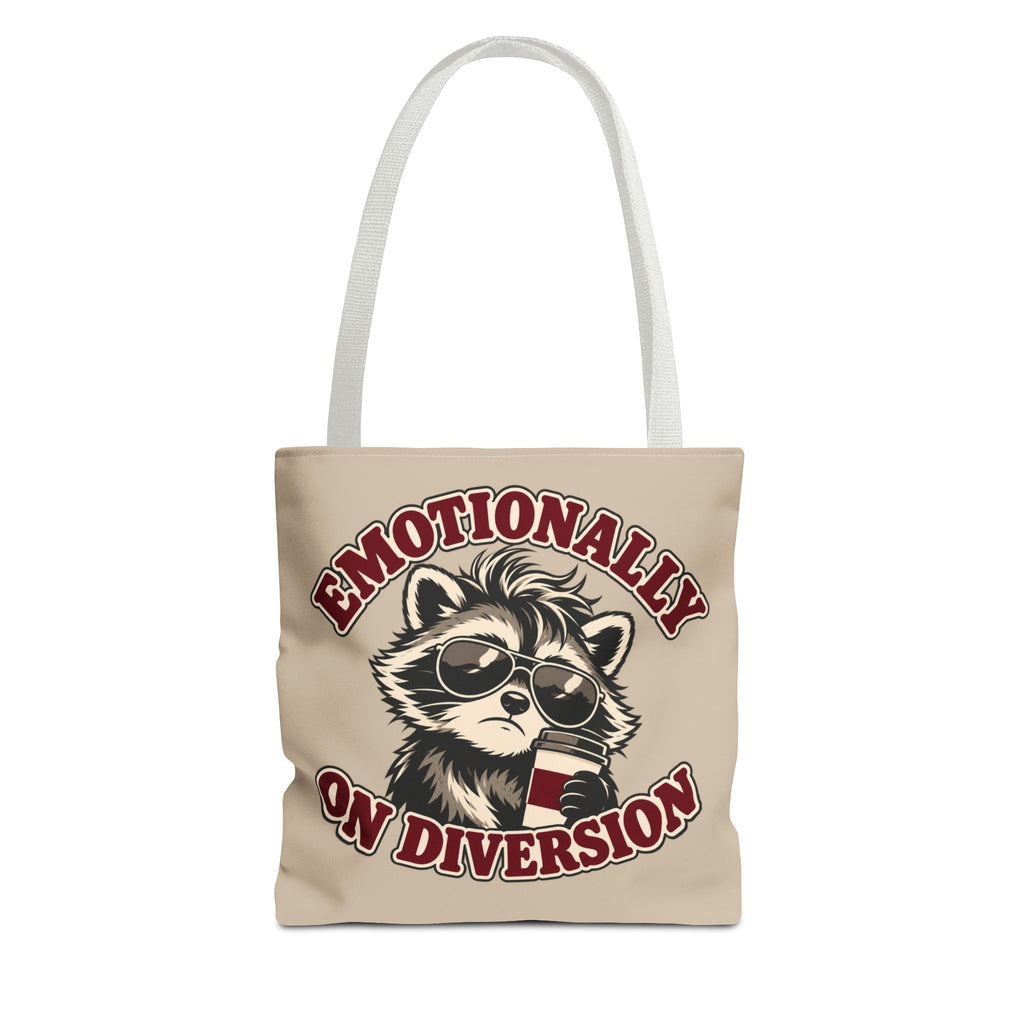 Emotionally on Diversion raccoon tote with White handles, front view