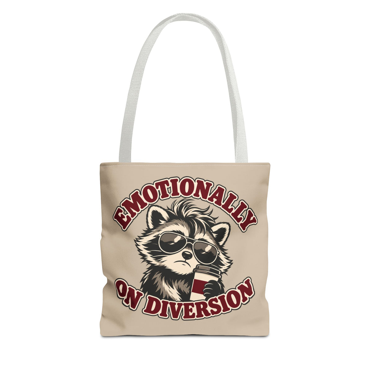 Emotionally on Diversion raccoon tote with White handles, front view