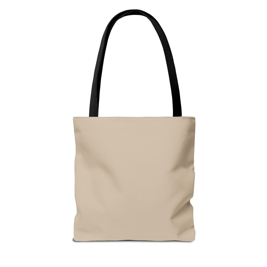 Emotionally on Diversion raccoon tote with Black handles, back view