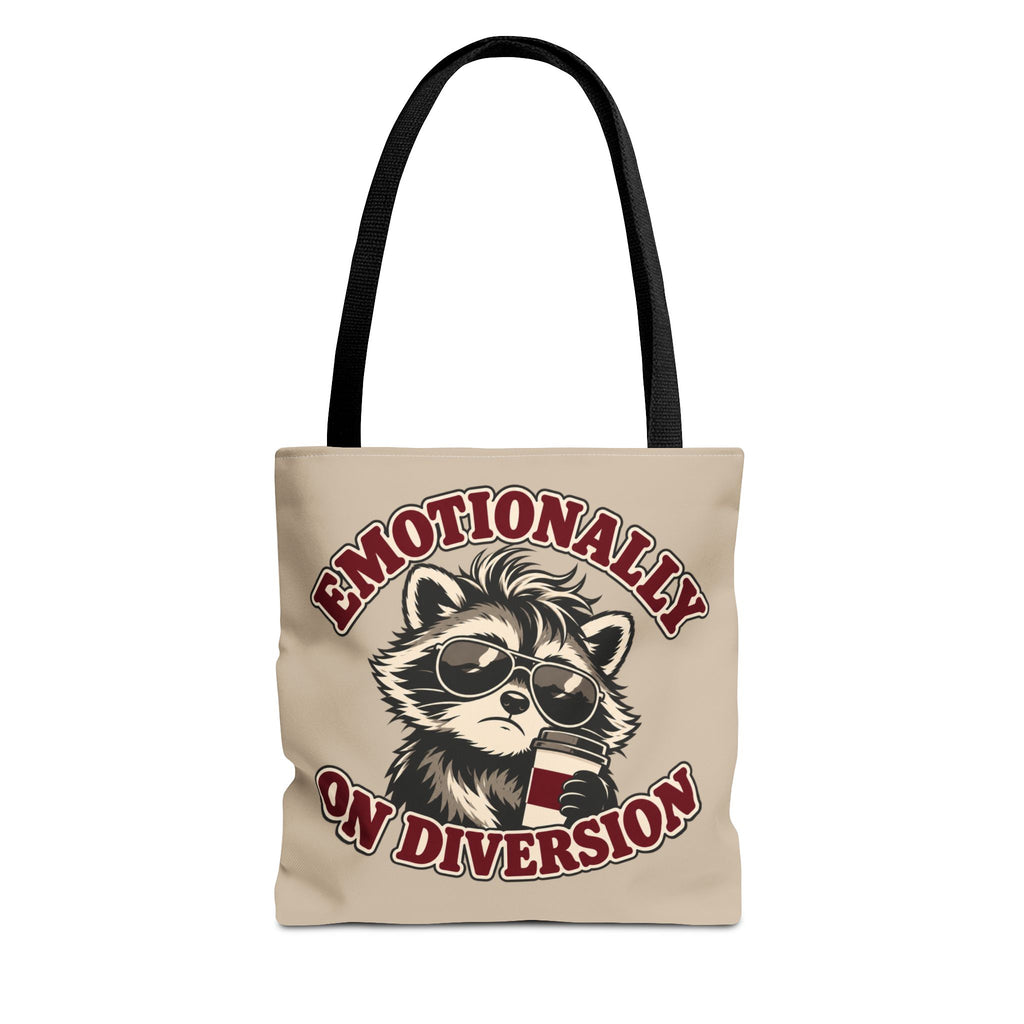 Emotionally on Diversion raccoon tote with Black handles, front view