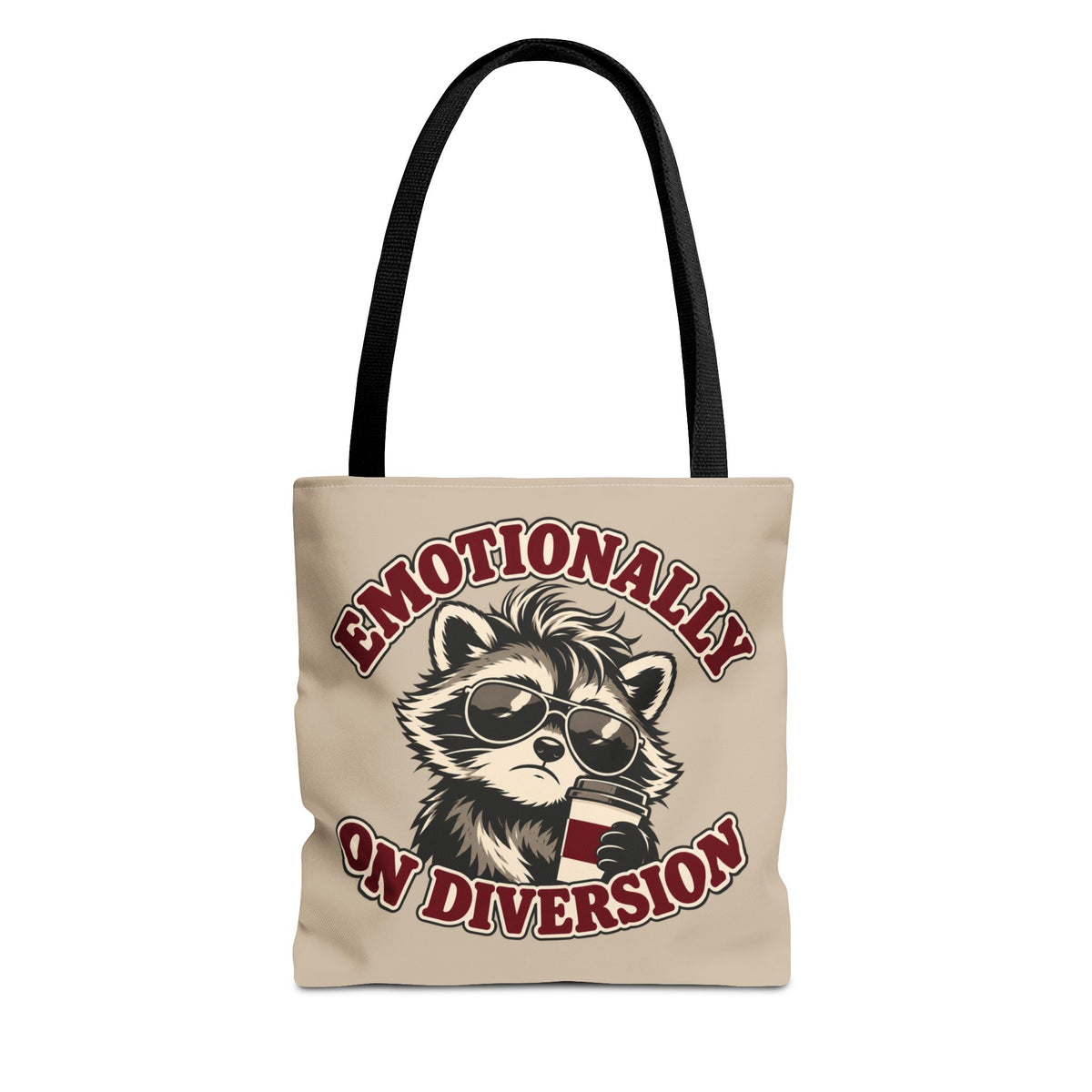 Emotionally on Diversion raccoon tote with Black handles, front view