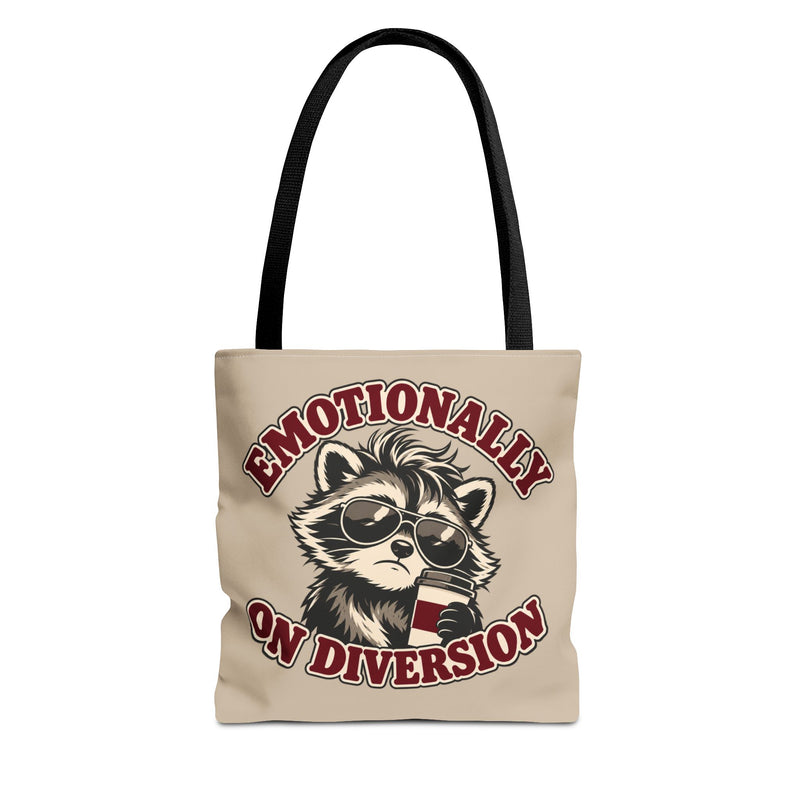 Emotionally on Diversion raccoon tote with Black handles, front view