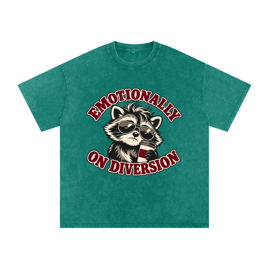 Dark Green Emotionally on Diversion oversized cotton T-shirt with coffee raccoon graphic, front view