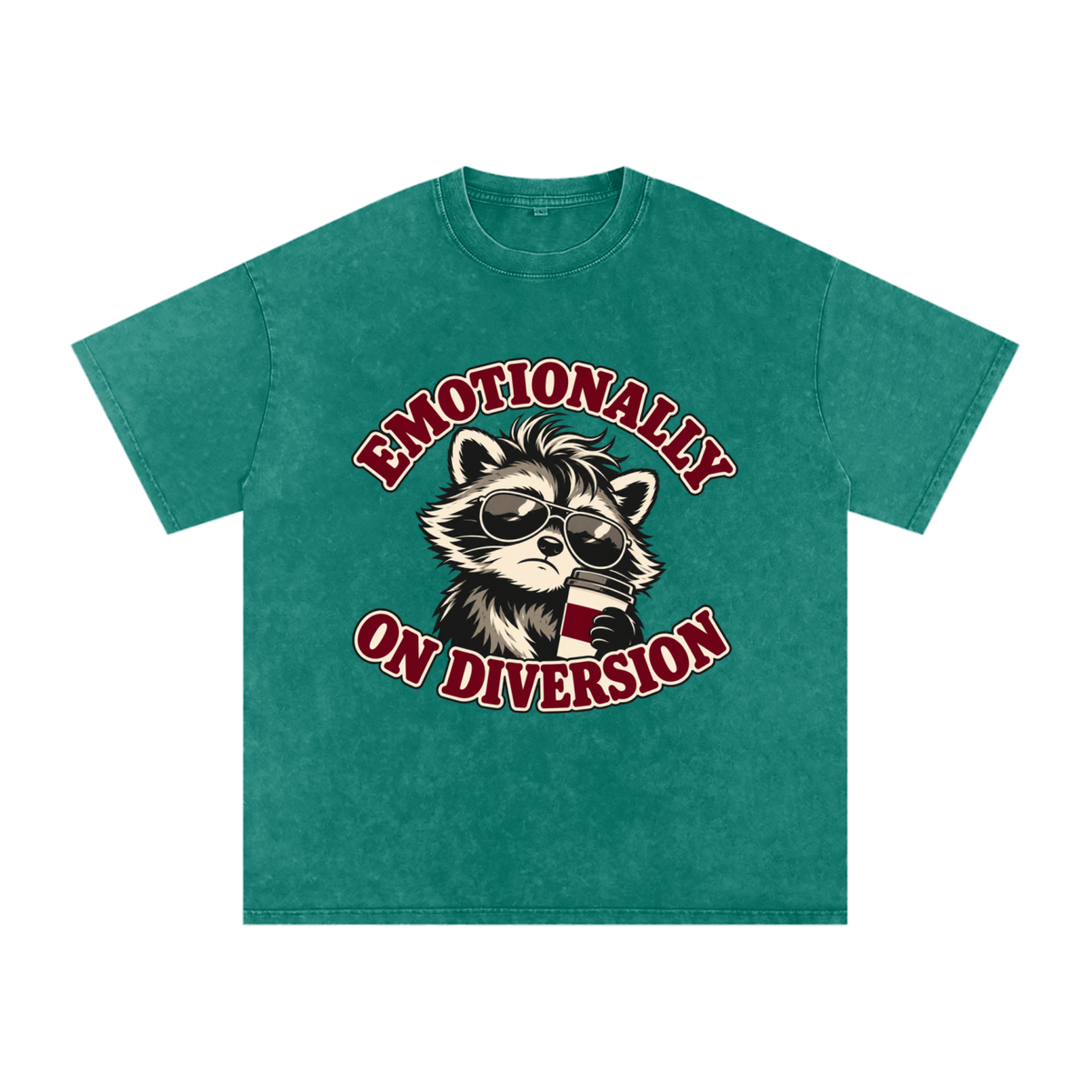 Dark Green Emotionally on Diversion oversized cotton T-shirt with coffee raccoon graphic, front view
