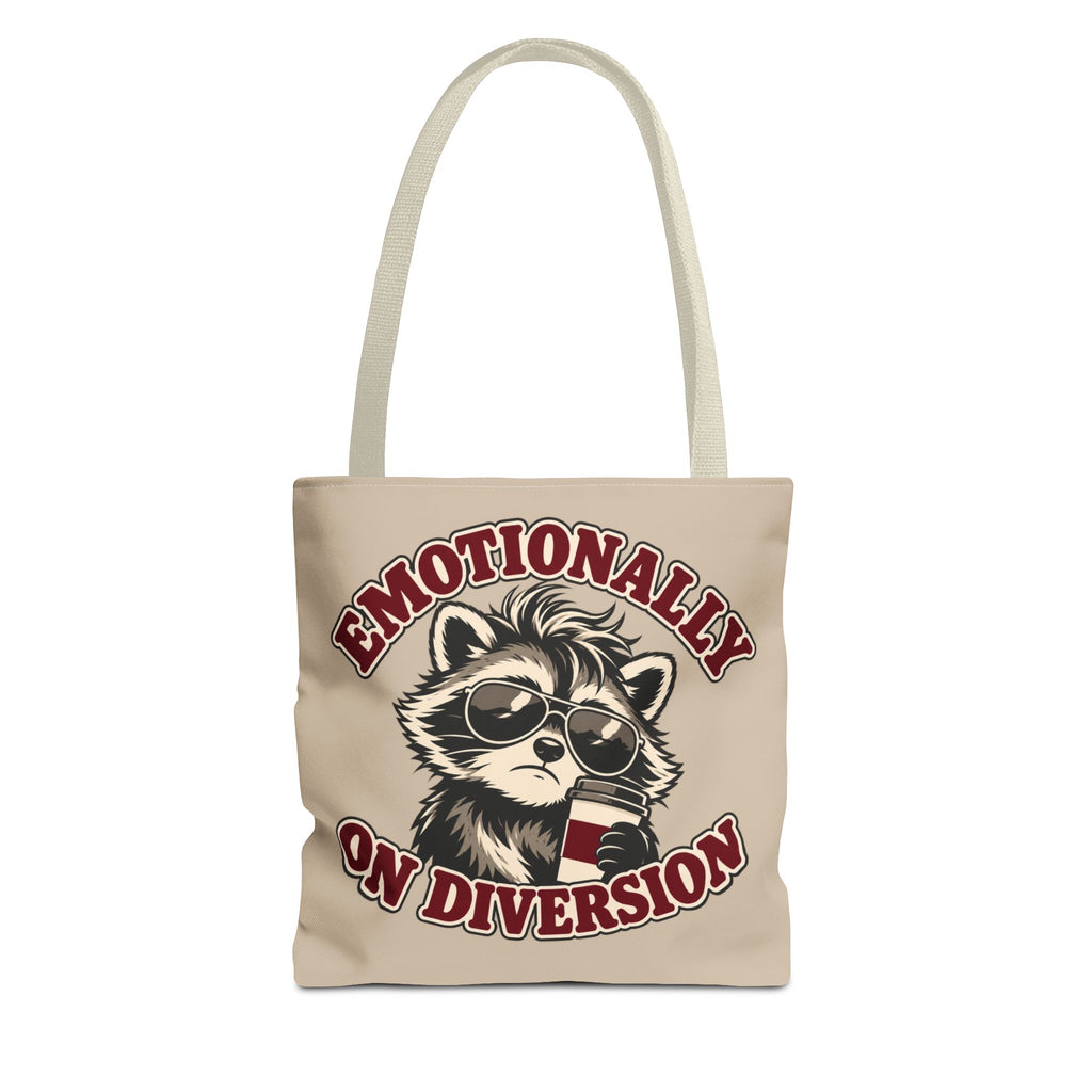 Emotionally on Diversion raccoon tote with Beige handles, front view