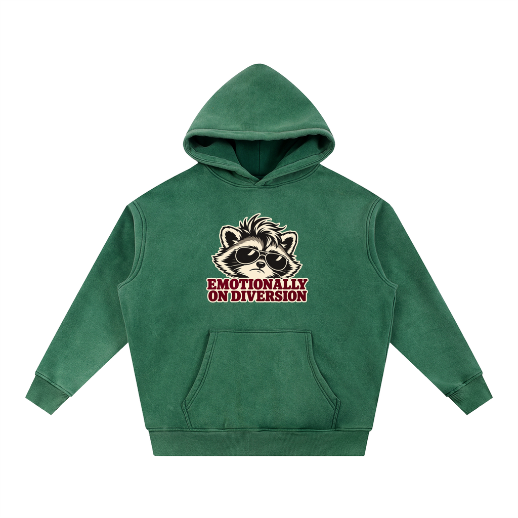 Emotionally on Diversion Dark Green oversized snow-wash fleece hoodie, front with raccoon nurse humor graphic