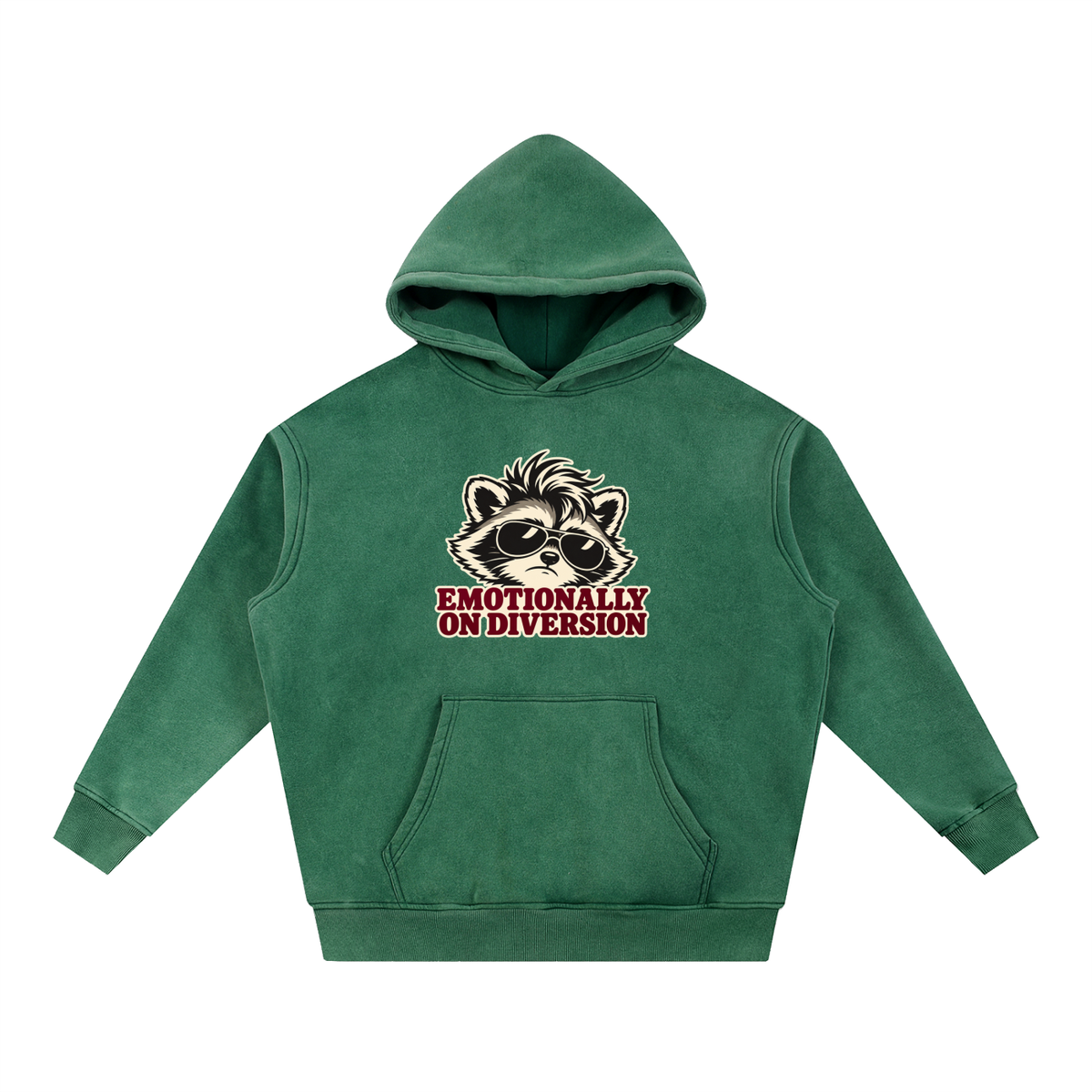 Emotionally on Diversion Dark Green oversized snow-wash fleece hoodie, front with raccoon nurse humor graphic
