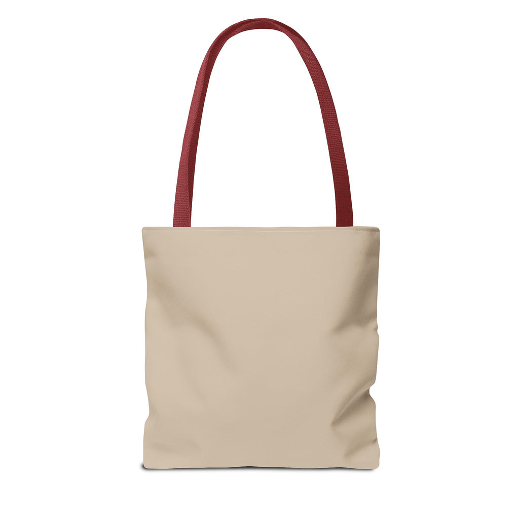 Emotionally on Diversion raccoon tote with Red handles, back view