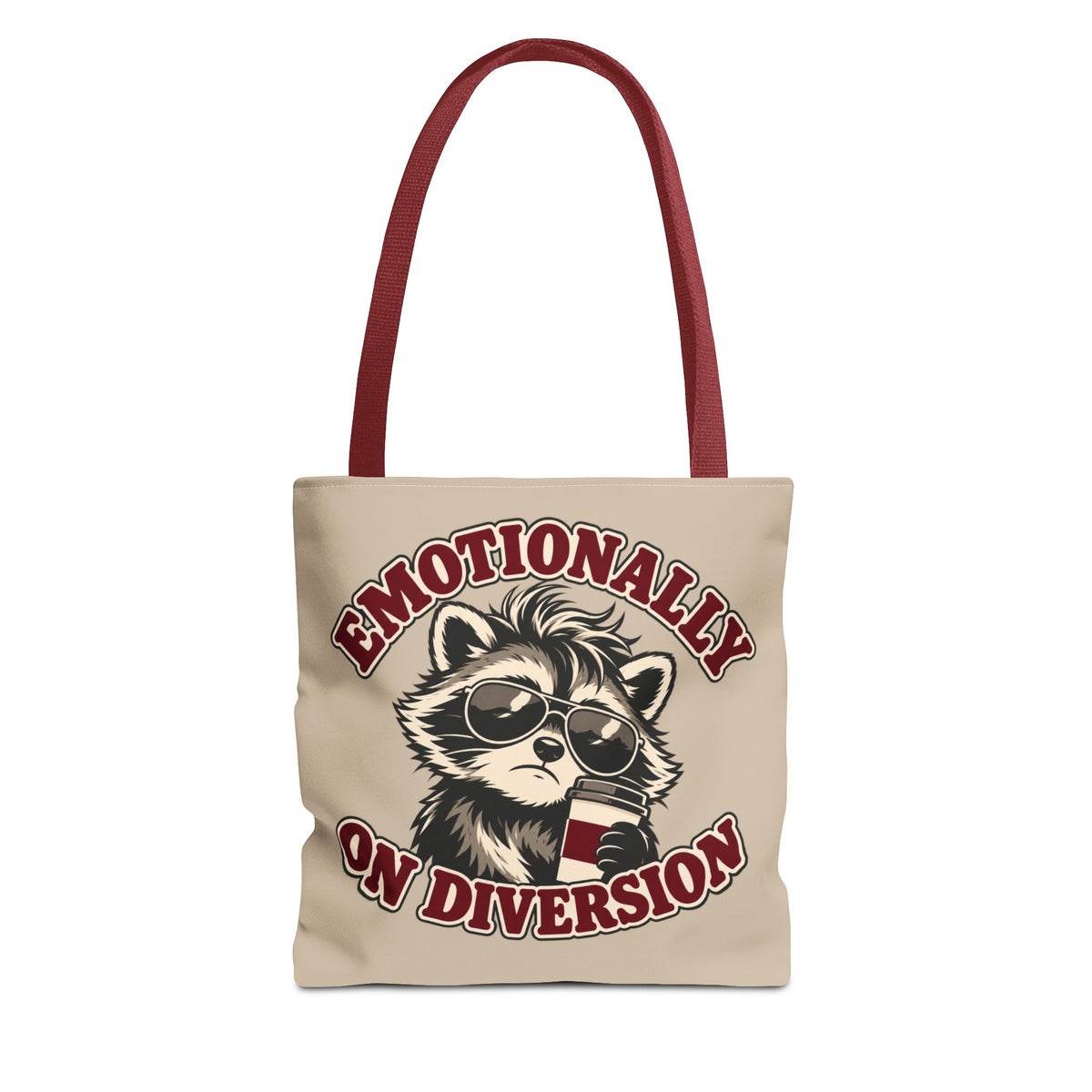Emotionally on Diversion raccoon tote with Red handles, front view
