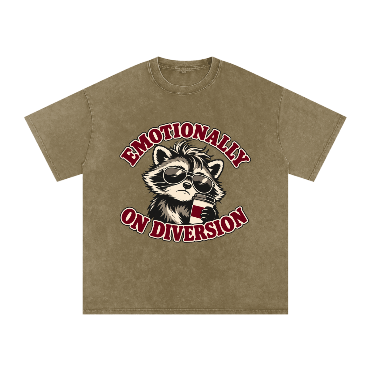 Gray Green Emotionally on Diversion oversized cotton T-shirt with coffee raccoon graphic, front view