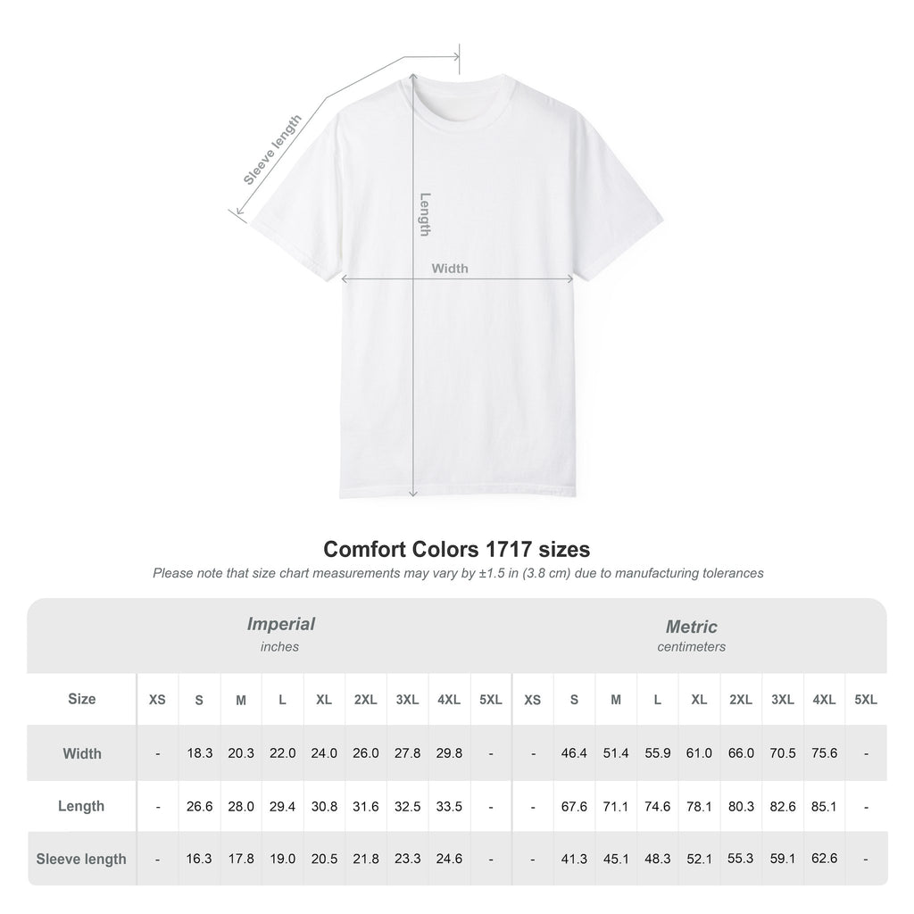 Size chart for the Black Cloud garment-dyed cotton T-shirt