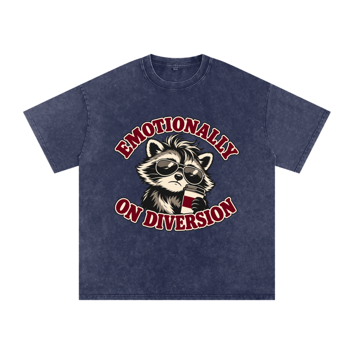 Royal Blue Emotionally on Diversion oversized cotton T-shirt with coffee raccoon graphic, front view