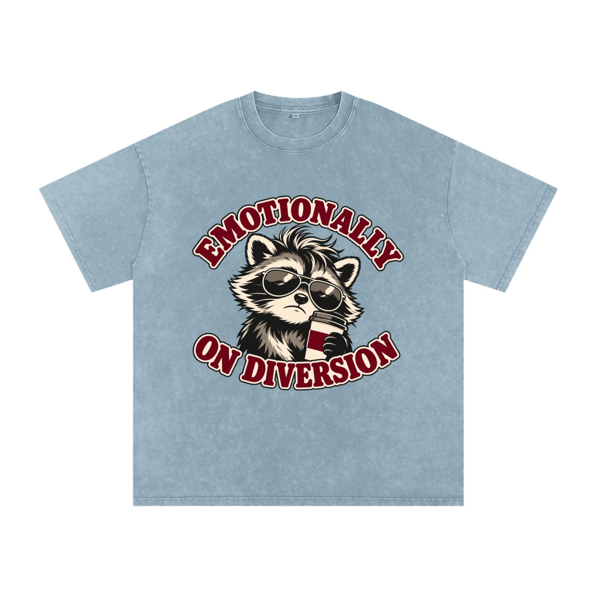 Blue Jeans Emotionally on Diversion oversized cotton T-shirt with coffee raccoon graphic, front view