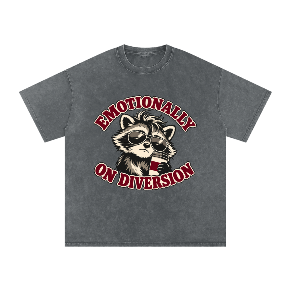 Pirate Gray Emotionally on Diversion oversized cotton T-shirt with coffee raccoon graphic, front view