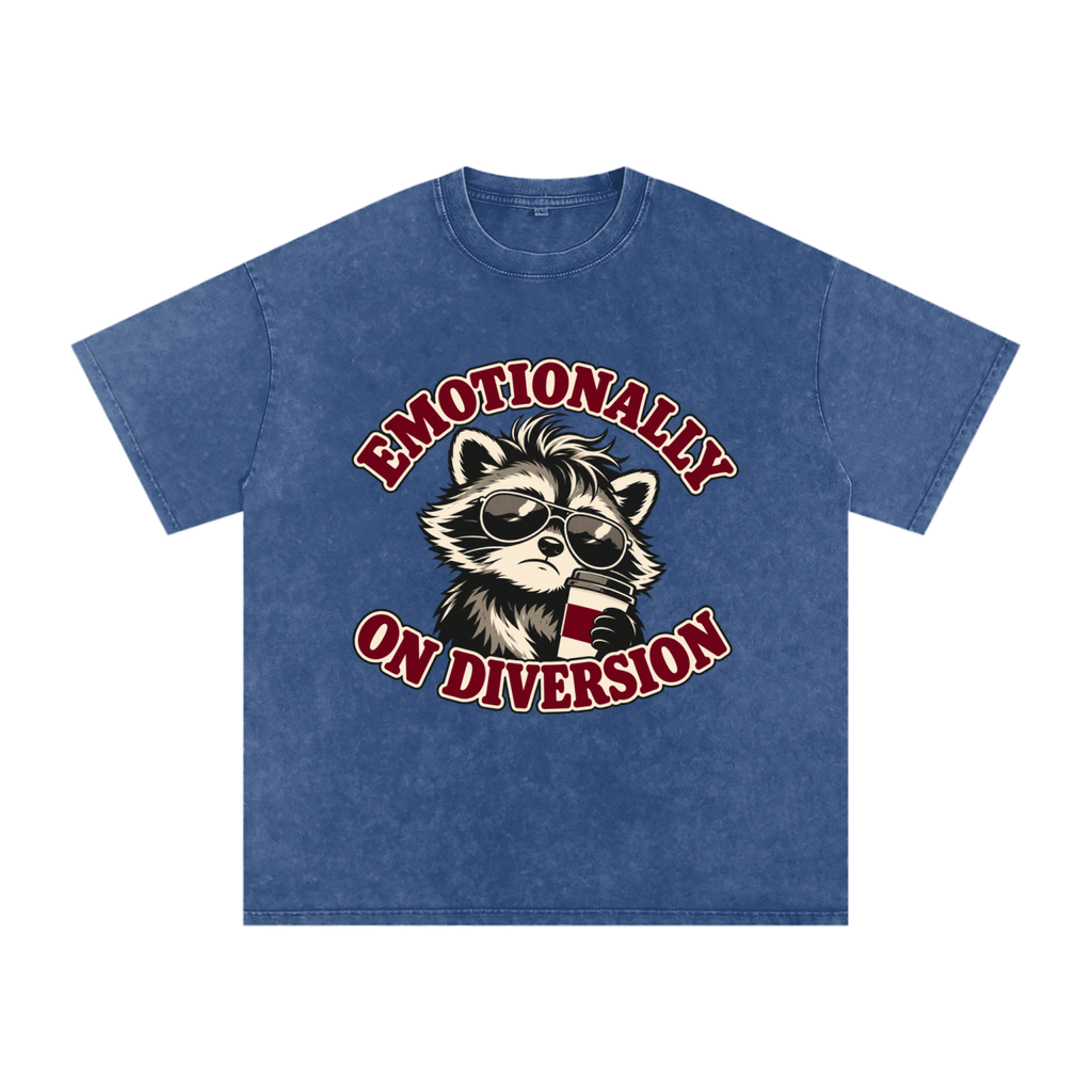 Dark Blue Emotionally on Diversion oversized cotton T-shirt with coffee raccoon graphic, front view