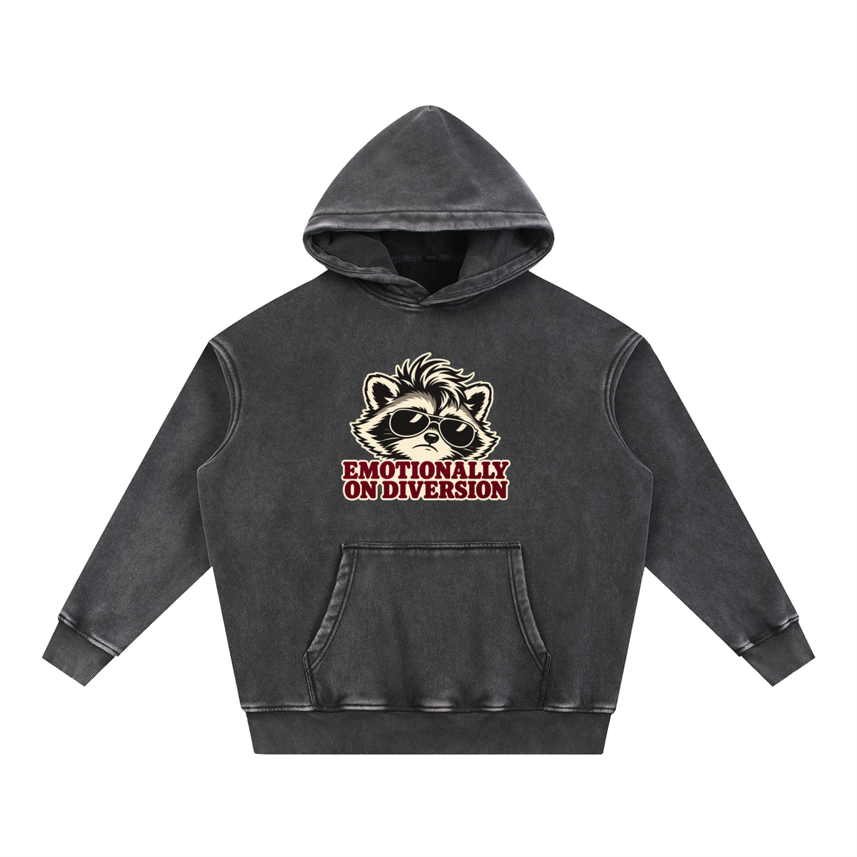 Emotionally on Diversion Black oversized snow-wash fleece hoodie, front with raccoon nurse humor graphic