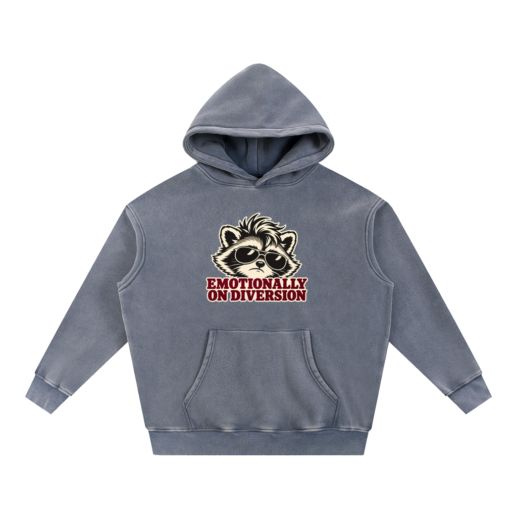 Emotionally on Diversion Royal Blue oversized snow-wash fleece hoodie, front with raccoon nurse humor graphic