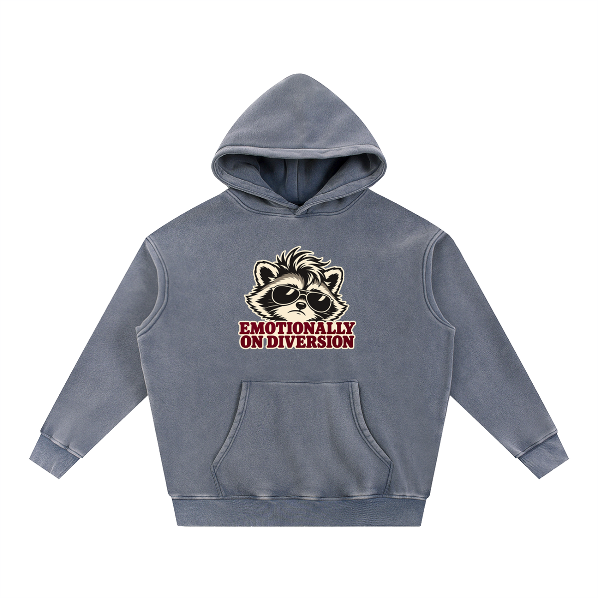 Emotionally on Diversion Royal Blue oversized snow-wash fleece hoodie, front with raccoon nurse humor graphic