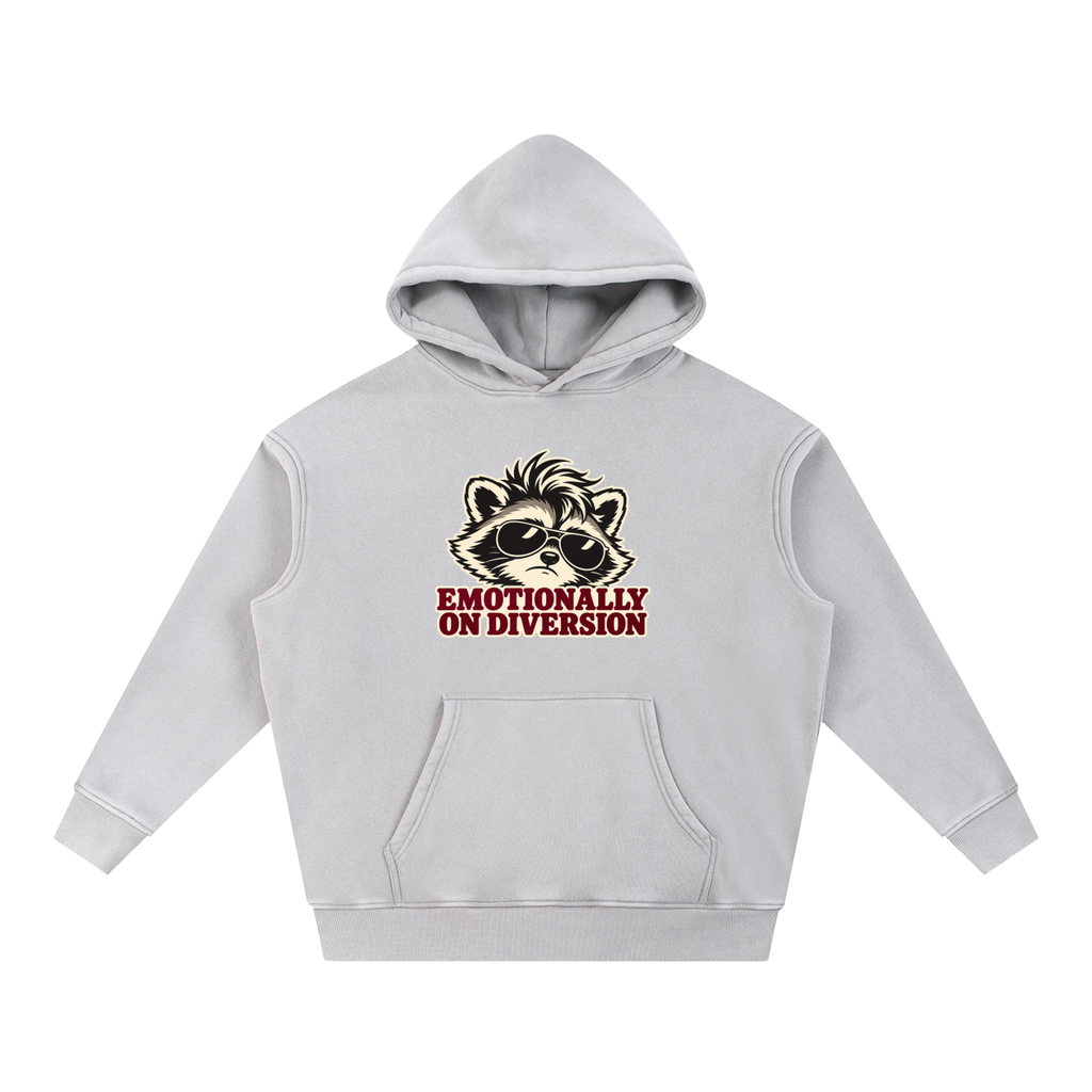 Emotionally on Diversion Light Gray oversized snow-wash fleece hoodie, front with raccoon nurse humor graphic