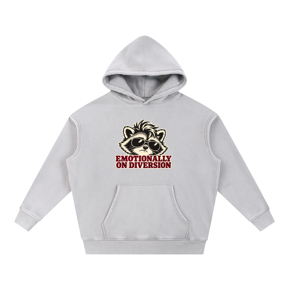 Emotionally on Diversion Light Gray oversized snow-wash fleece hoodie, front with raccoon nurse humor graphic