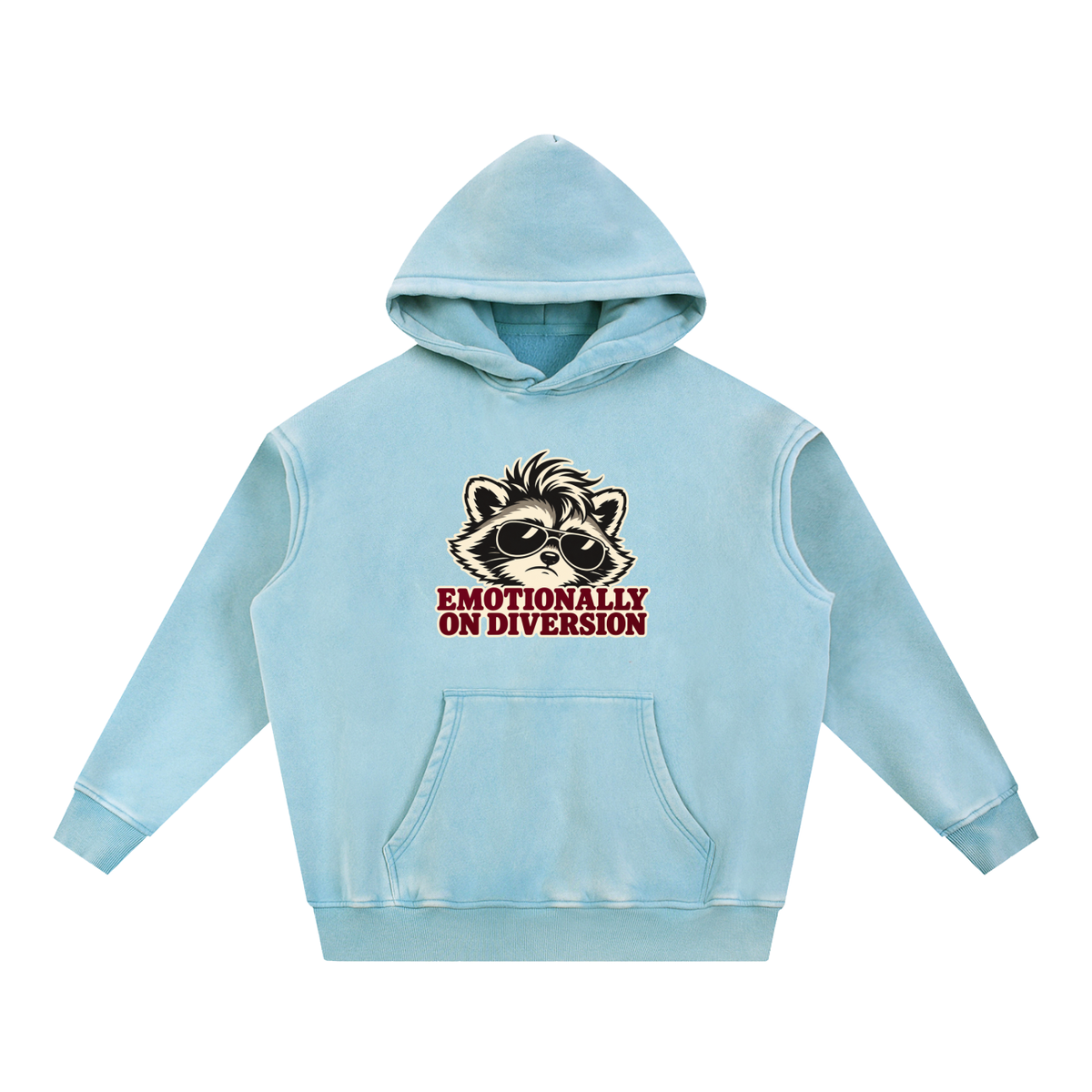 Emotionally on Diversion Lake Blue oversized snow-wash fleece hoodie, front with raccoon nurse humor graphic