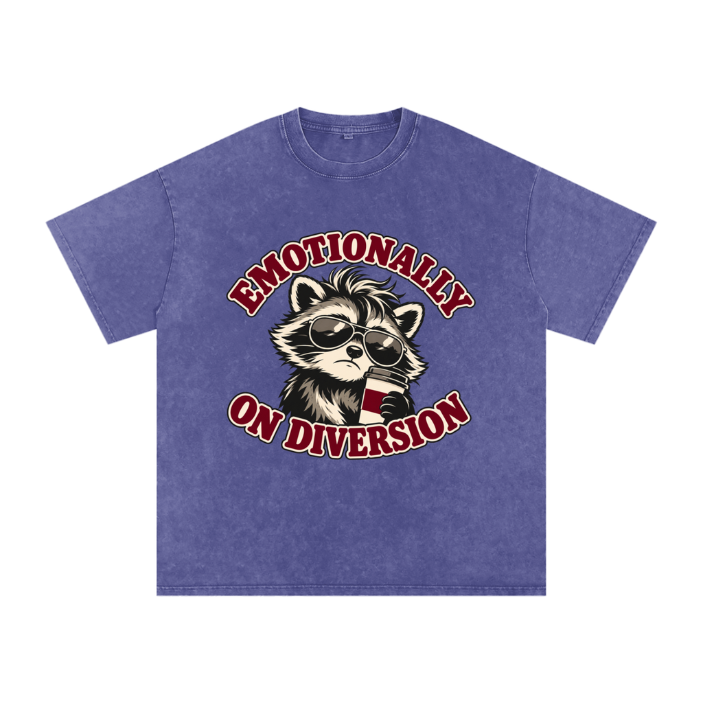 Purple Haze Emotionally on Diversion oversized cotton T-shirt with coffee raccoon graphic, front view