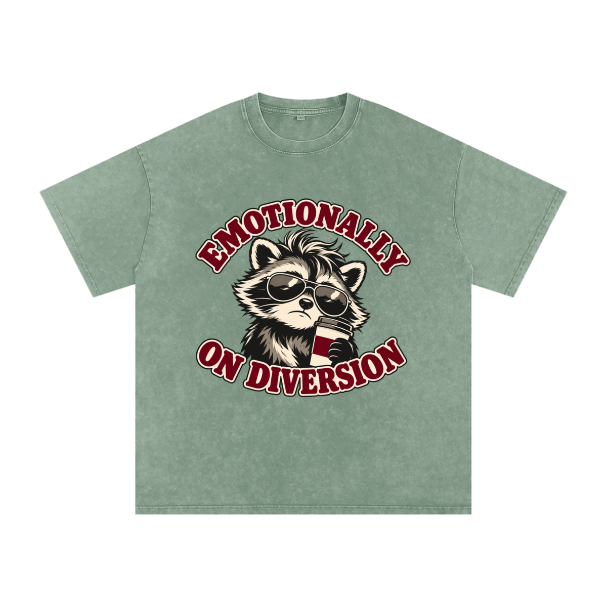 Bean Green Emotionally on Diversion oversized cotton T-shirt with coffee raccoon graphic, front view