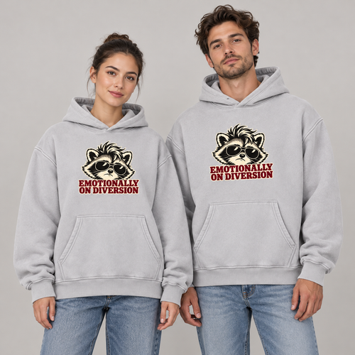 Man and woman wearing the Light Gray Emotionally on Diversion oversized raccoon hoodie