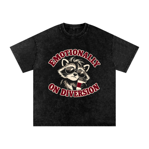 Black Emotionally on Diversion oversized cotton T-shirt with coffee raccoon graphic, front view