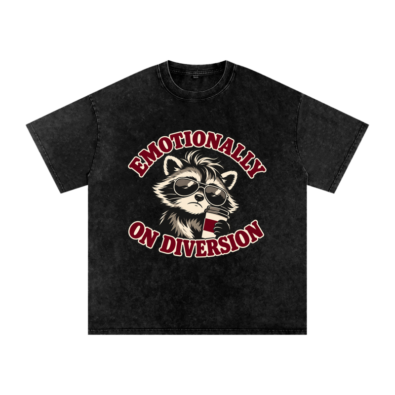 Black Emotionally on Diversion oversized cotton T-shirt with coffee raccoon graphic, front view