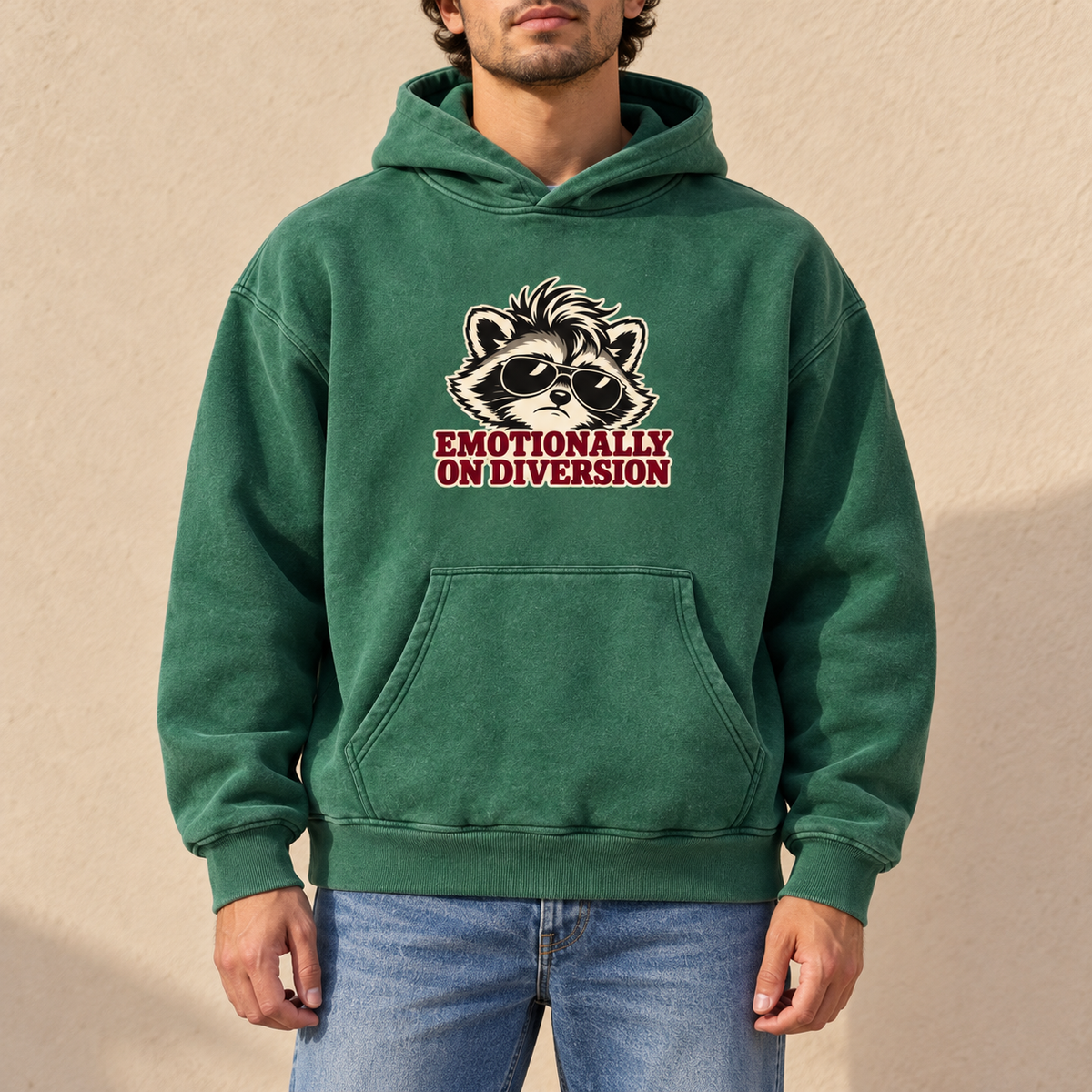 Dark Green Emotionally on Diversion oversized raccoon hoodie worn outdoors in a lifestyle mockup