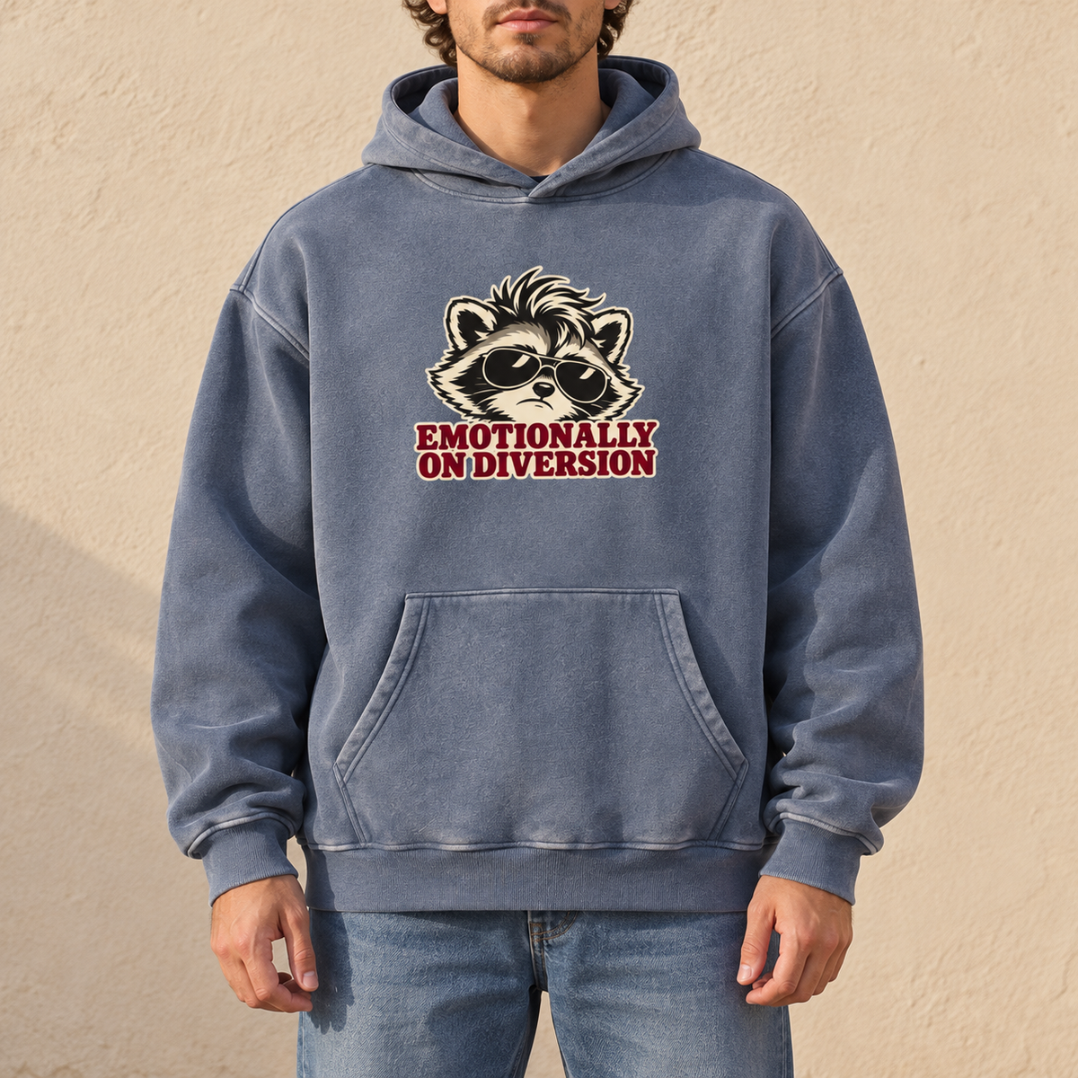 Royal Blue Emotionally on Diversion oversized raccoon hoodie worn outdoors in a lifestyle mockup