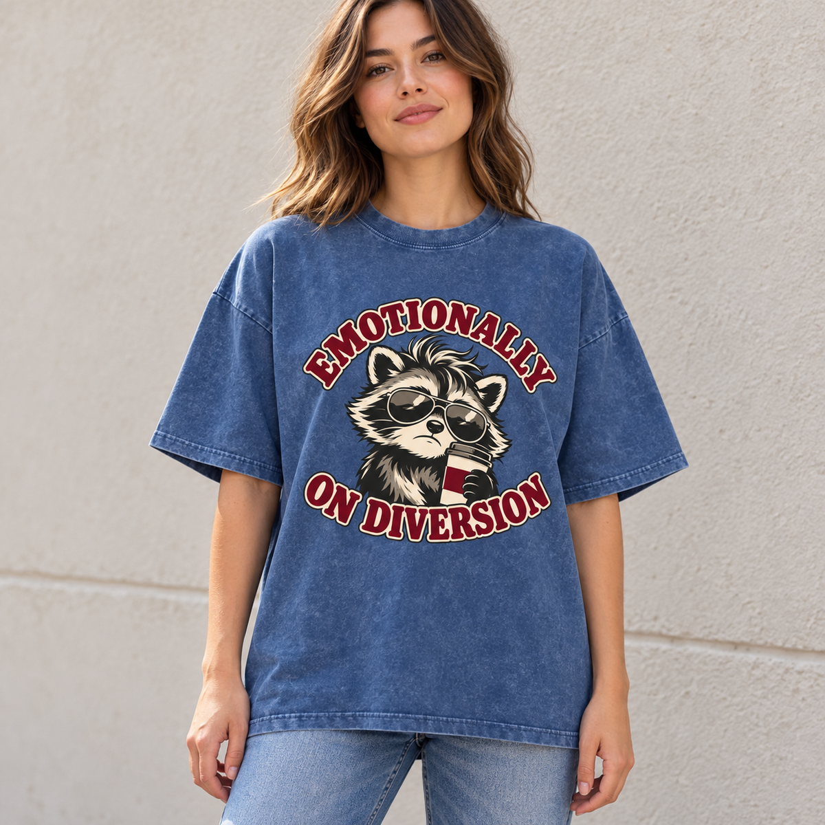 Dark Blue Emotionally on Diversion oversized raccoon T-shirt worn outdoors in a lifestyle mockup