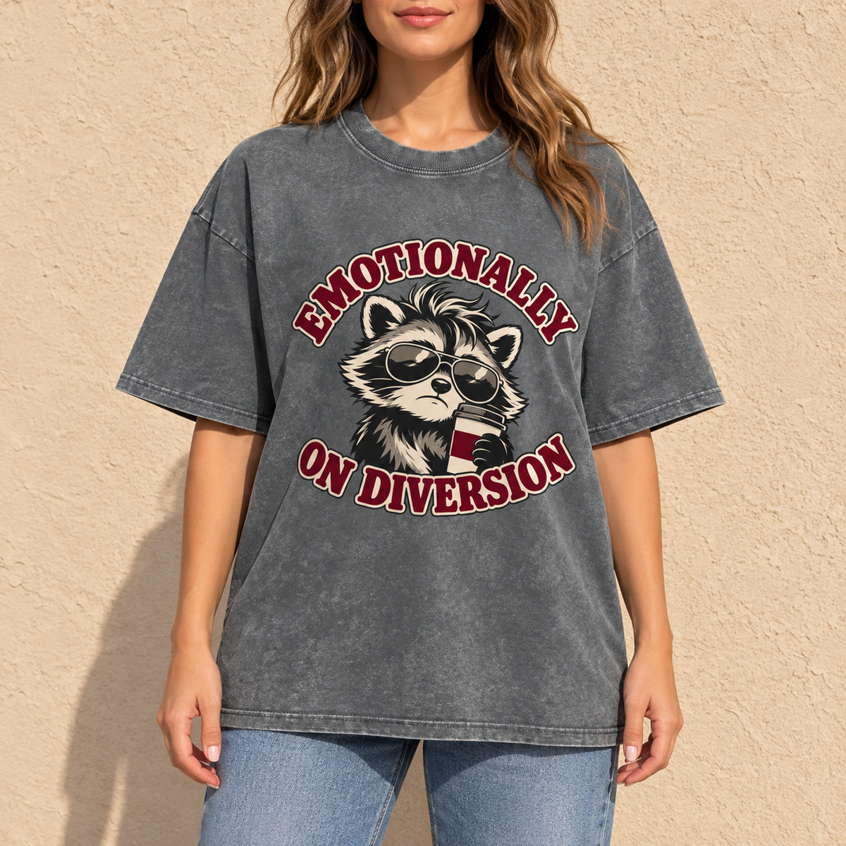 Pirate Gray Emotionally on Diversion oversized raccoon T-shirt worn outdoors in a lifestyle mockup