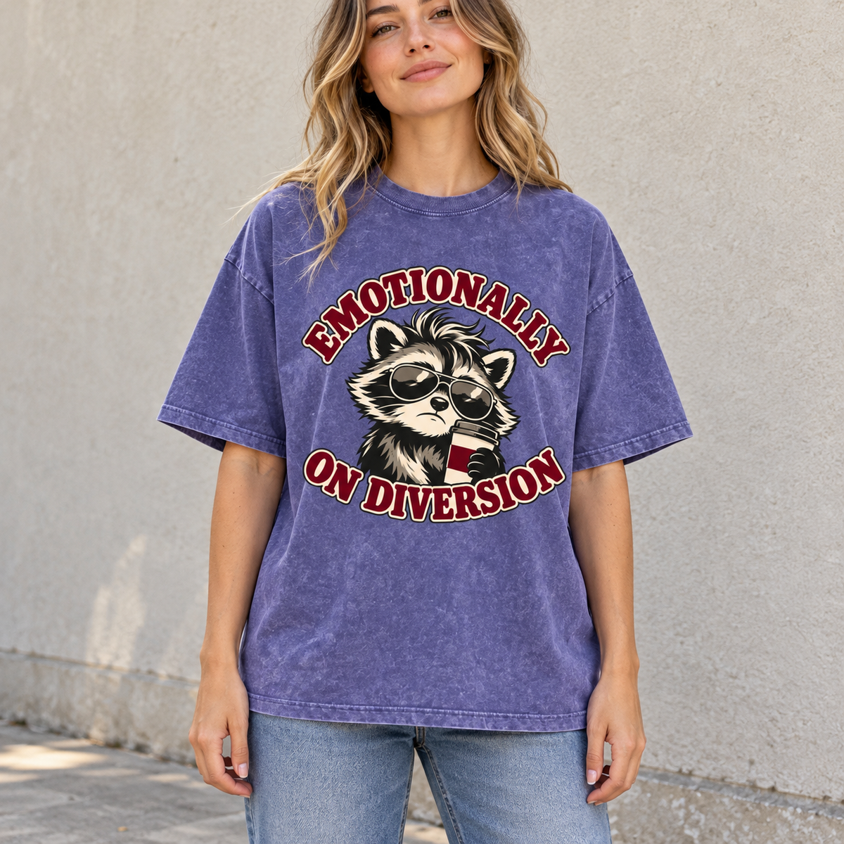 Purple Haze Emotionally on Diversion oversized raccoon T-shirt worn outdoors in a lifestyle mockup